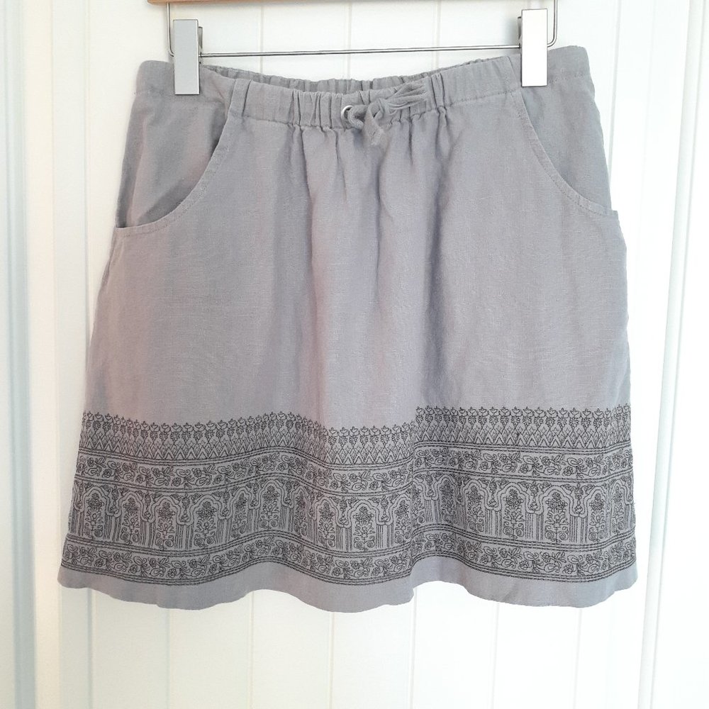 Garnet Hill Linen Embroidered Mini Skirt with Pockets Gray Size 10